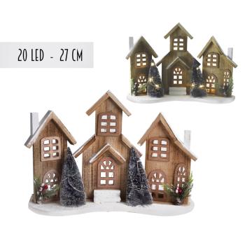 OSVETLENÝ DREVENÝ DOMČEK, 20 LED, 3 DOMY, 2 BOROVICE
