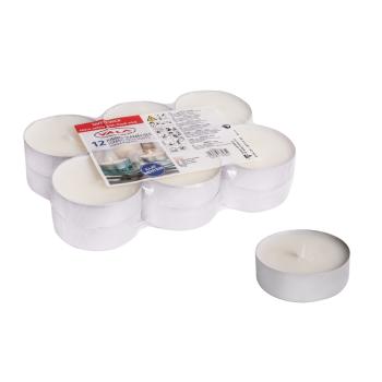 SADA ČAJOVÝCH SVIEČOK, 12 KUSOV, VEĽKOSŤ "JUMBO", BIELA, DOBA HORENIA 8 HODÍN