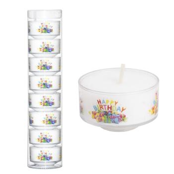 SADA ČAJOVÝCH SVIEČOK "ECO", 8 KUSOV, S NÁPISOM "HAPPY BIRTHDAY", BIELA, 6 HODÍN HORENIA