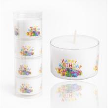SADA ČAJOVÝCH SVIEČOK "ECO" XXL, 4 KUSY, S NÁPISOM "HAPPY BIRTHDAY", 18 HODÍN HORENIA