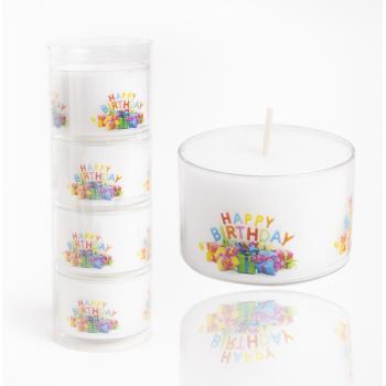 SADA ČAJOVÝCH SVIEČOK "ECO" XXL, 4 KUSY, S NÁPISOM "HAPPY BIRTHDAY", 18 HODÍN HORENIA