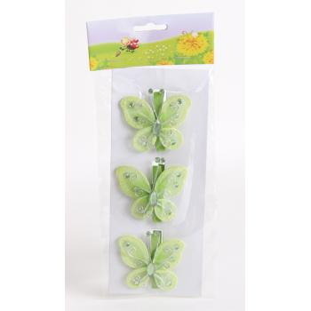 DEKORATÍVNA DREVENÁ PINZETA V SÁČKU S MOTÝLIKOM, 3 KUSY, KAMEŇ, ZELENÁ