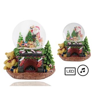 POLYRESINOVÁ SNEHOVÁ GUĽA S LED DIÓDOU A HUDBOU, KRB S BOROVICAMI A POSTAVIČKAMI