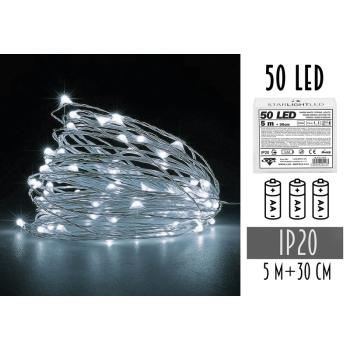 BATÉRIOVÝ DRÔTOVÝ REŤAZEC 3AA, 50 LED, STUDENÁ BIELA, BEZ BATÉRIÍ
