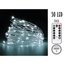 DRÔTENÉ SVETELNÉ REŤAZCE NA BATÉRIE, 50 LED, S ČASOVAČOM, STUDENÁ BIELA, BEZ BATÉRIÍ