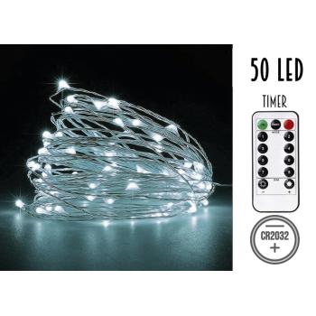 DRÔTENÉ SVETELNÉ REŤAZCE NA BATÉRIE, 50 LED, S ČASOVAČOM, STUDENÁ BIELA, BEZ BATÉRIÍ