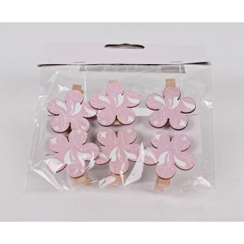 DREVENÝ KLIP KVETINA 6 KUSOV RUŽOVÁ