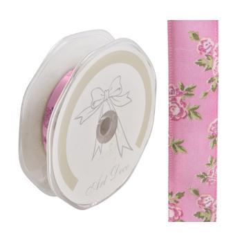 SATÉNOVÁ STUHA S KVETINOVÝM VZOROM RUŽOVÁ