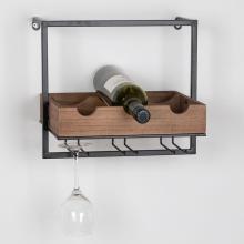 DREVENÝ DRŽIAK NA VÍNO, , MOŽNOSŤ MONTÁŽE NA STENU, 3 PRIEHRADKY, S KOVOVÝM DRŽIAKOM NA POHÁRE, ČIERNOHNEDÝ