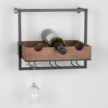 DREVENÝ DRŽIAK NA VÍNO, , MOŽNOSŤ MONTÁŽE NA STENU, 3 PRIEHRADKY, S KOVOVÝM DRŽIAKOM NA POHÁRE, ČIERNOHNEDÝ