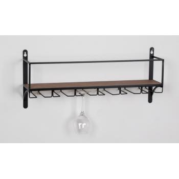 DREVENÝ STOJAN NA VÍNO S MOŽNOSŤOU MONTÁŽE NA STENU, S KOVOVÝM DRŽIAKOM NA POHÁRE, ČIERNOHNEDÝ