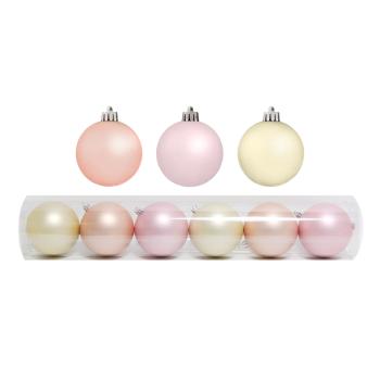 SADA VIANOČNÝCH OZDÔB V PVC TUBE, 6 KUSOV, RUŽOVO-BROSKYŇOVO-PÚDROVÁ