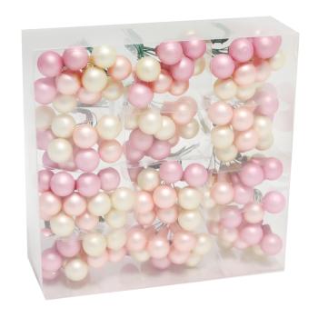 SKLENENÉ VIANOČNÉ OZDOBY, SADA BOBÚĽ V PVC ŠKATUĽKE, 144 KUSOV, RUŽOVO-BROSKYŇOVO-PÚDROVÁ