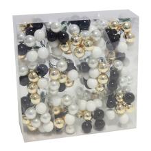 SADA SKLENENÝCH VIANOČNÝCH OZDÔB V PVC ŠKATUĽKE, 144 KUSOV, ČIERNO-BIELO-ZLATÁ