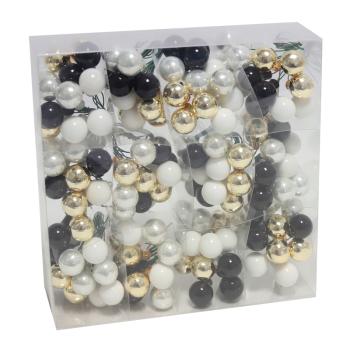 SADA SKLENENÝCH VIANOČNÝCH OZDÔB V PVC ŠKATUĽKE, 144 KUSOV, ČIERNO-BIELO-ZLATÁ