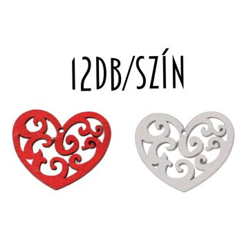 DEKORAČNÁ SÚPRAVA DREVENÝCH SRDIEČOK, 12 KUSOV, AŽUROVÝ VZOR, ČERVENÁ A BIELA FARBA