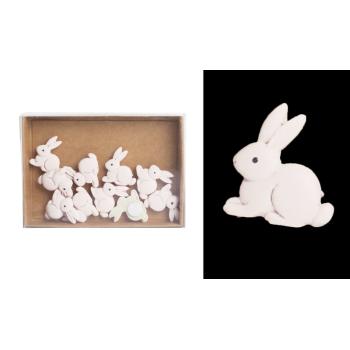 SADA POLYRESINOVÝCH NÁLEPIEK ZAJAČIKOV V DARČEKOVEJ KRABIČKE, 10 KUSOV, SEDIACI, BROSKYŇA