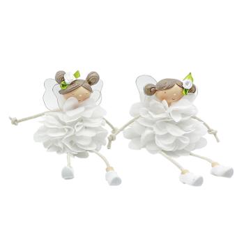 POLYRESINOVÉ DIEVČATKO V ŠATÁCH S VOLÁNIKMI, VISIACE NOHY, BIELA