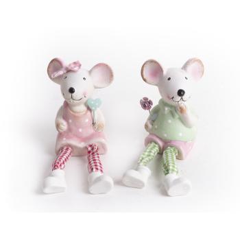 KERAMICKÁ MYŠKA V BODKOVANÝCH ŠATÁCH, ZAVESENÁ NA NOŽIČKÁCH, ZELENÁ ALEBO RUŽOVÁ