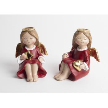 POLYRESINOVÝ ANJEL SO SVÄTOŽIAROU, SEDIACI, ČERVENÝ/ZLATÝ