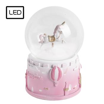 POLYRESINOVÁ SNEHOVÁ GUĽA, LED, JEDNOROŽEC, HUDOBNÁ, SVETLO RUŽOVÁ