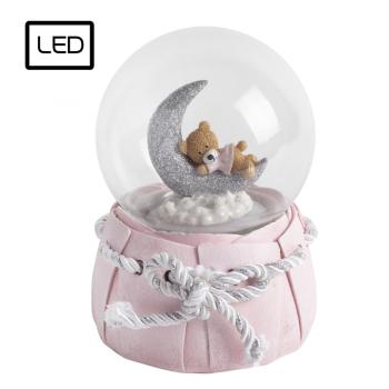 POLYRESINOVÁ SNEHOVÁ GUĽA S LED DIÓDOU, MEDVEDÍK NA MESIACI, RUŽOVÁ