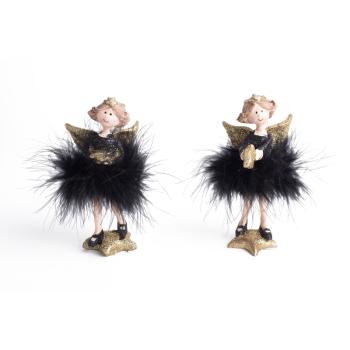 POLYRESINOVÝ ANJEL, STOJACI, OBLEČENÝ V ČIERNOM PERÍ