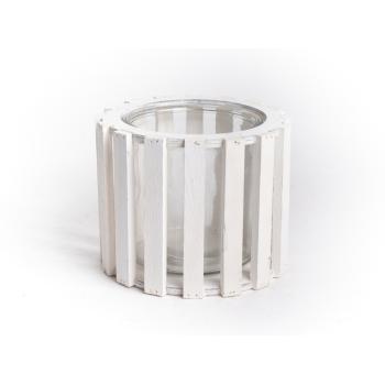 SKLENENÝ SVIETNIK V DREVENOM DRŽIAKU, OKRÚHLY, BIELY