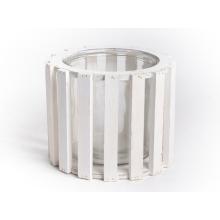 SKLENENÝ SVIETNIK V DREVENOM DRŽIAKU, OKRÚHLY, BIELY