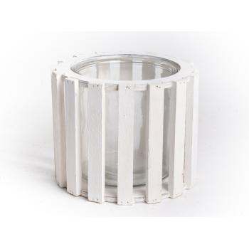 SKLENENÝ SVIETNIK V DREVENOM DRŽIAKU, OKRÚHLY, BIELY