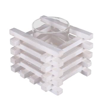 DREVENÝ MRIEŽKOVANÝ SVIETNIK SO SKLOM, 2 KUSY, PRÍRODNÁ A BIELA FARBA