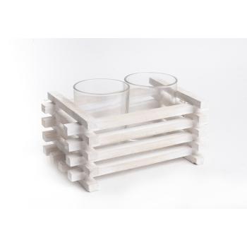 DREVENÝ MRIEŽKOVANÝ SVIETNIK S 2 FĽAŠAMI, 3 KUSY, PRÍRODNÁ A BIELA FARBA