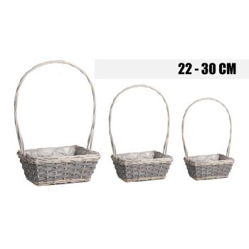 KOŠÍK, PRÚTENÝ, OBDĹŽNIKOVÝ, PLOCHÝ, V SADE 3 KUSOV, S VEĽKÝMI UŠAMI, SIVÝ