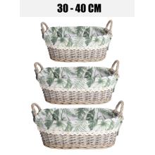KOŠÍK, SADA 3 KUSOV, OVÁLNY, TEXTILNÁ PODŠÍVKA, VZOR ZELENÝCH LISTOV
