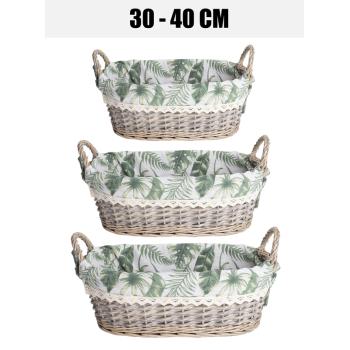 KOŠÍK, SADA 3 KUSOV, OVÁLNY, TEXTILNÁ PODŠÍVKA, VZOR ZELENÝCH LISTOV