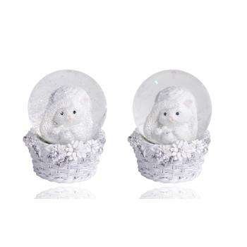 POLYRESINOVÁ SNEHOVÁ GUĽA, MAČKA V KOŠÍKU, BIELA