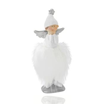 POLYRESINOVÝ ANJEL DIEVČATKO S ČIAPKOU, PERIE ŠATY, BIELA