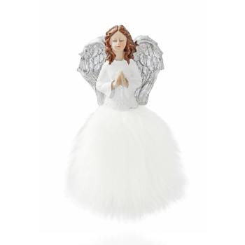 POLYRESINOVÝ MODLIACI SA ANJEL V BIELYCH ŠATÁCH S PIERKAMI