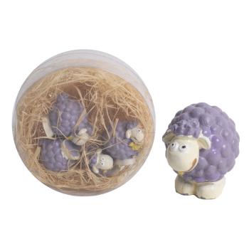 POLYRESINOVÁ SÚPRAVA JAHNIAT V OKRÚHLEJ ŠKATUĽKE, 4 KUSY, FIALOVÁ