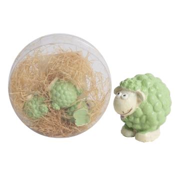 POLYRESINOVÁ SÚPRAVA JAHNIAT V OKRÚHLEJ ŠKATUĽKE, 4 KUSY, ZELENÁ