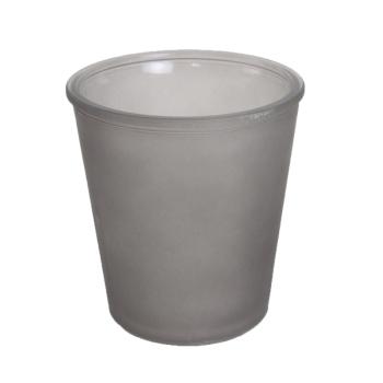 SKLENENÁ VÁZA V TVARE PÍSMENA "V", OKRÚHLA, PIESKOVANÁ, SIVÁ