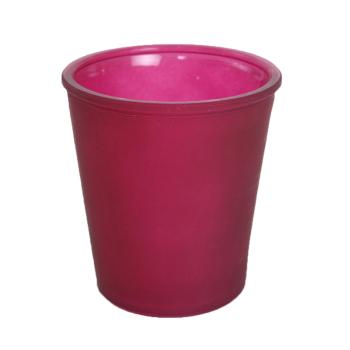 SKLENENÁ VÁZA V TVARE PÍSMENA "V", OKRÚHLA, PIESKOVANÁ, BORDOVÁ