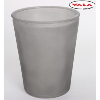 SKLENENÁ VÁZA V TVARE PÍSMENA "V", OKRÚHLA, PIESKOVANÁ, SIVÁ