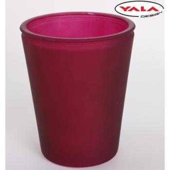 SKLENENÁ VÁZA V TVARE PÍSMENA "V", OKRÚHLA, PIESKOVANÁ, BORDOVÁ