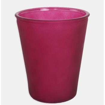 SKLENENÁ VÁZA V TVARE PÍSMENA "V", OKRÚHLA, PIESKOVANÁ, BORDOVÁ