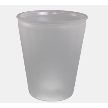 SKLENENÁ VÁZA V TVARE PÍSMENA "V", OKRÚHLA, PIESKOVANÁ, BIELA