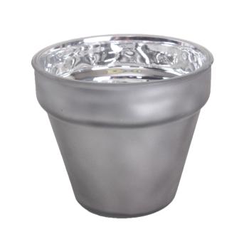 SKLENENÁ VÁZA V TVARE PÍSMENA "V" OKRÚHLA SIVÁ METALICKÁ