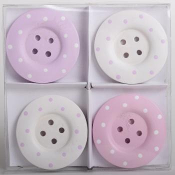 OZDOBNÝ DREVENÝ GOMBÍK, 4 KUSY, BODKY, RUŽOVÁ A BIELA