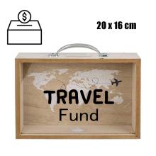 DREVENÁ DEBNIČKA, PRÍRODNÁ, S NÁPISOM "TRAVEL FUND"