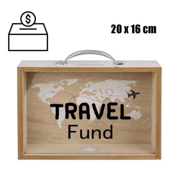 DREVENÁ DEBNIČKA, PRÍRODNÁ, S NÁPISOM "TRAVEL FUND"